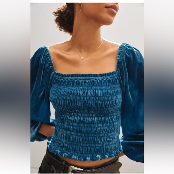 Anthropologie Puff-sleeved Velvet Blouse Top smocked Aqua Blue teal romantic L - Picture 2 of 13